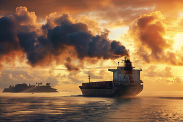 Ocean Cargo Ship Smokes Heavy Near Tropical Island in Sunset. 