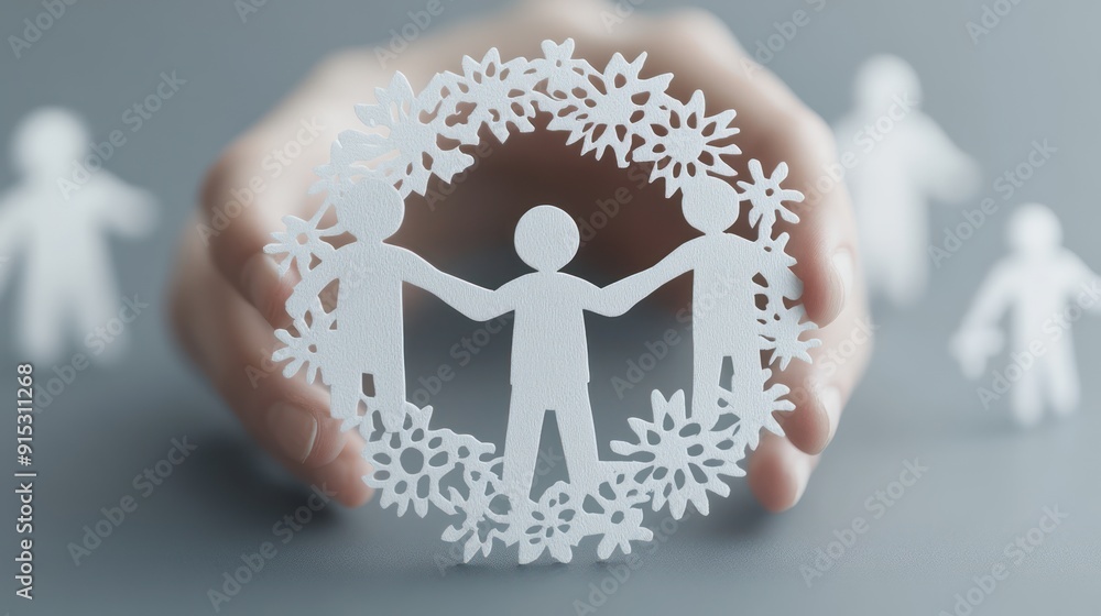 Poster unity in mentorship: papercut figures embodying support and shared knowledge with intricate patterns