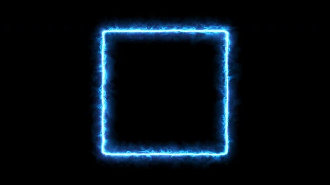 Glowing blue square frame background animation. Bright vibrant plasma rectangle motion graphics. Energy light effect isolated on black backdrop fit for technology, event, show, music, video 