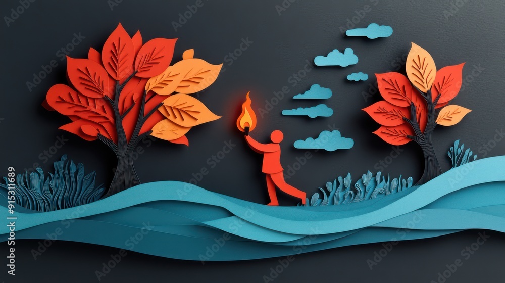 Poster passing the torch of wisdom: intricate papercut mentorship scene with textured layers and copy space