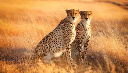 Fototapeta premium A duo of cheetahs sitting close in the golden grasslands.