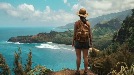 Girl Stands on the Edge of an Ocean Cliff Wearing Backpack. AI generated illustration.