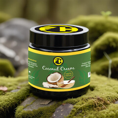 Mockup of a black cosmetic jar with a white label on mossy natural background