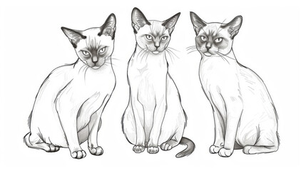 Obraz premium A detailed black and white hand-drawn illustration of three Siamese cats, each with distinct expressions and elegant postures.