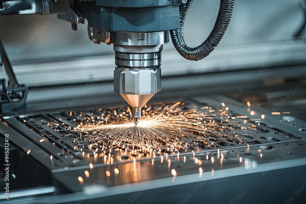 Poster laser cutting machine creates sparks while processing metal in a workshop setting during daytime