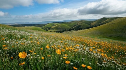Fototapeta premium A picturesque view of rolling hills with wildflowers, showcasing the beauty of untouched landscapes.
