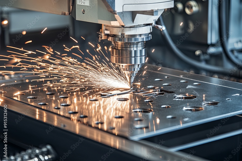 Poster laser cutting machine creating sparks during metal processing in a workshop