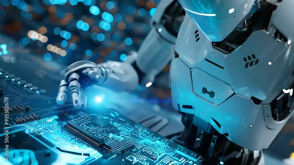 Poster robot hand touching holographic interface, futuristic artificial intelligence technology concept