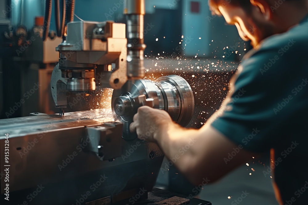 Aufkleber a machinist operates a lathe in a workshop, creating metal components during the evening, surrounded