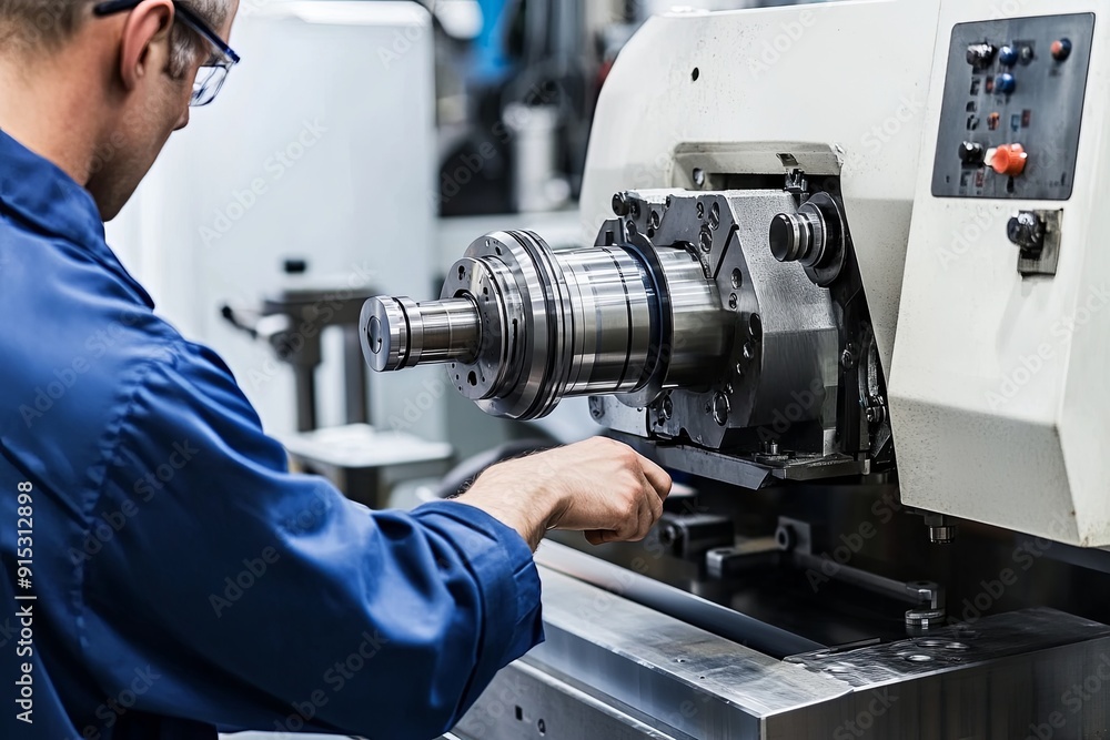 Poster skilled technician operating a precision lathe in a modern machine shop during daylight hours