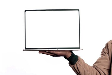 Hand holding blank laptop screen