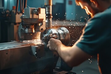 A machinist operates a lathe in a workshop, creating metal components during the evening, surrounded by machinery and sparks