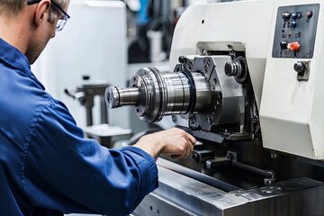 Skilled technician operating a precision lathe in a modern machine shop during daylight hours