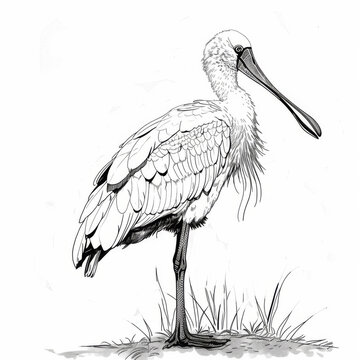 recommend clip art: Intricate black and white illustration of a stork standing in grass, showcasing detailed feathers and long beak.
