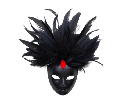 Black Feather Masquerade Mask With Red Gem on Transparent Background, Mardi Gras Celebration, Close-Up, Dramatic Decor, Halloween Costume Prop, Carnival, Fascinating Design