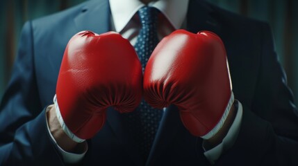 Close-up of a suited figure with red boxing gloves poised for action, representing readiness to tackle any challenge with determination and vigor.