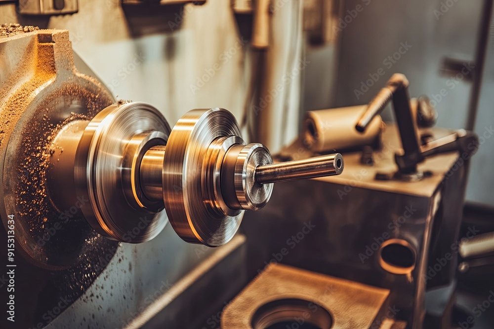 Poster machining process in a workshop with a lathe and metal workpiece during daytime