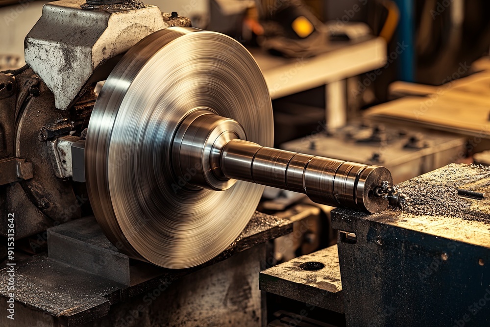 Poster metal lathe operating in a workshop creating precision turned components during daytime