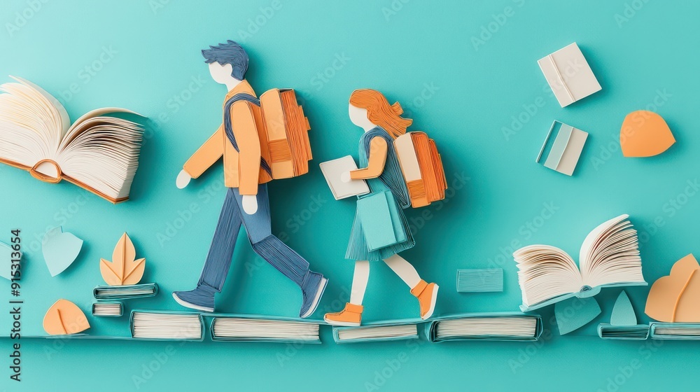 Poster guiding path of knowledge - mentor and student figures walking on book path, papercut craft concept.