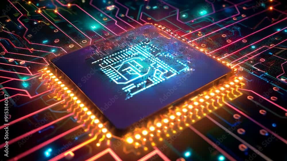 Poster glowing ai processor chip on circuit board, artificial intelligence and machine learning concept