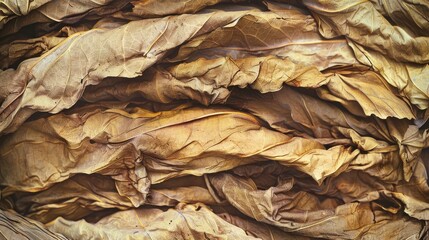 An artistic close-up of tightly arranged dried tobacco leaves, their texture and color exuding a sense of earthy richness and natural simplicity.
