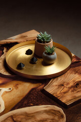 Expensive vintage furniture. The table is covered with epoxy resin and varnished. A gold epoxy...