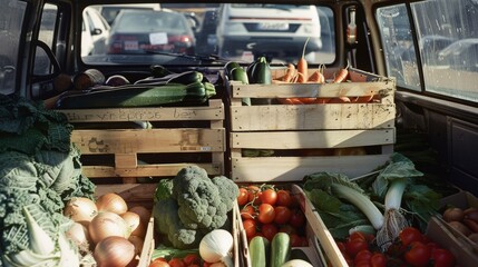 Wooden crates filled with fresh vegetables are neatly arranged in the back of a vehicle, showcasing a bountiful harvest ready for delivery or market.