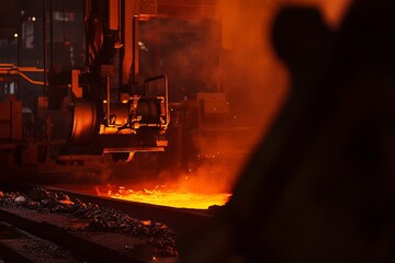Molten metal pouring in a steel factory at night