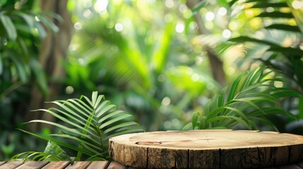 Tropical garden setting with wooden podium, blurred greenery background. Display stand in natural environment, jungle theme.