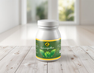 Mockup of a Medicine white plastic container or bottle on a wooden table.eps