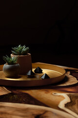 Expensive vintage furniture. The table is covered with epoxy resin and varnished. A gold epoxy...