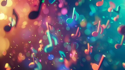 Vivid musical notes float amidst a colorful, bokeh-filled background, creating a dynamic and lively celebration of music and sound.