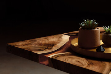 Expensive vintage furniture. The table is covered with epoxy resin and varnished. A gold epoxy...
