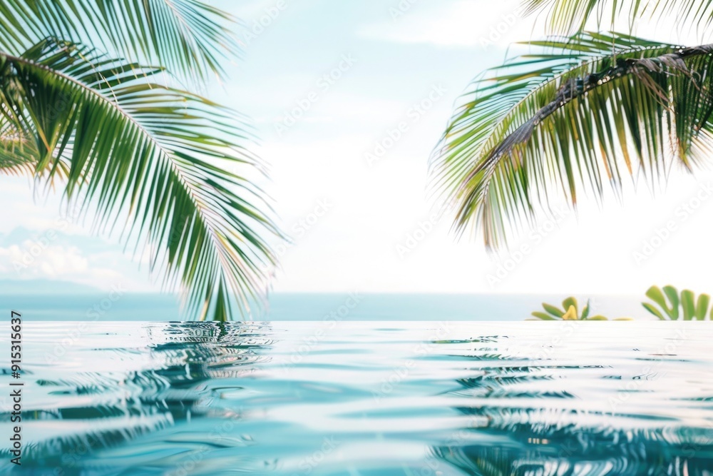Poster a view of the ocean and palm trees from a swimming pool, perfect for beach or summer themed projects