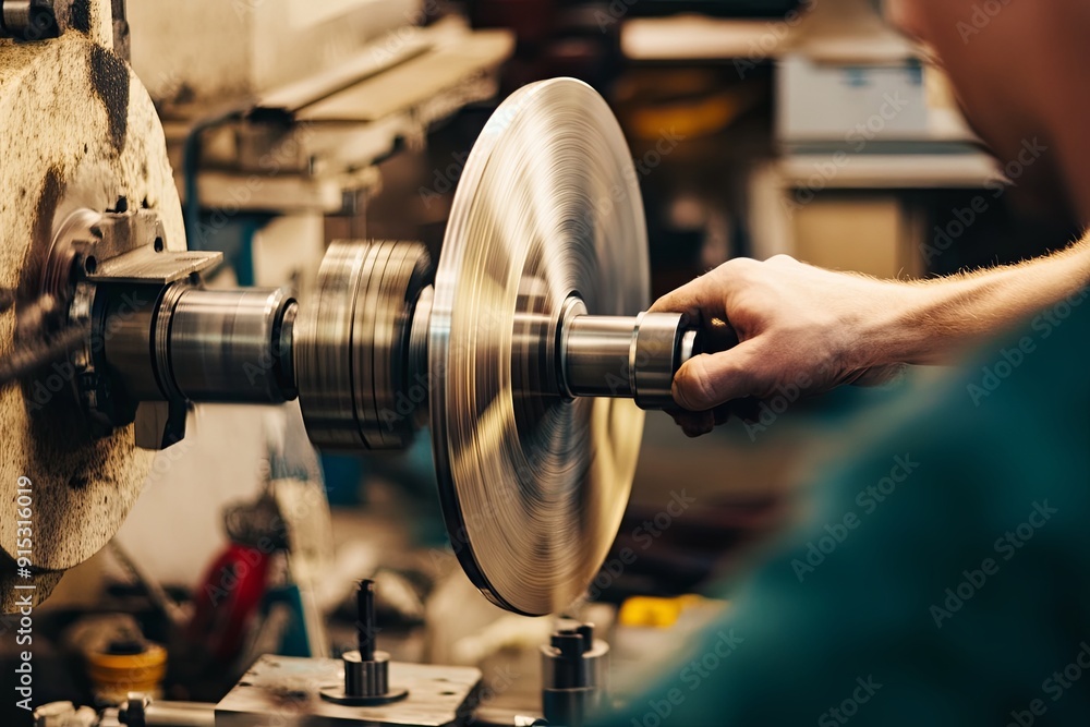 Aufkleber machinist working on metal lathe in workshop during daytime