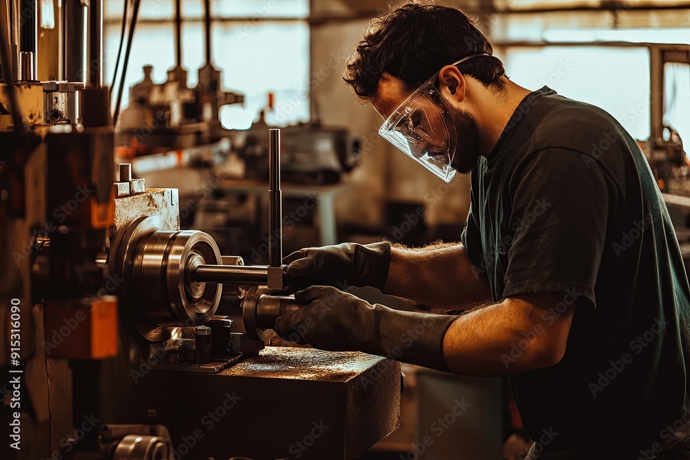 Aufkleber worker operating a lathe machine in a metal workshop during daylight hours