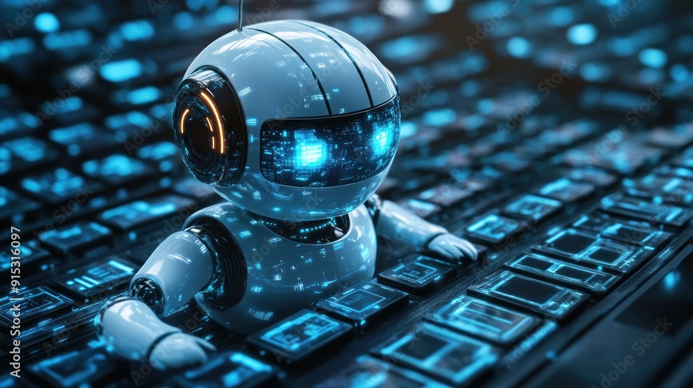 Aufkleber a robot working on a futuristic keyboard