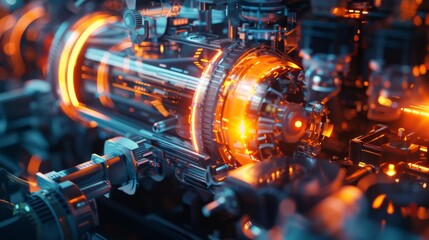 Fototapeta premium A high-tech engine with glowing orange components and intricate machinery shines with futuristic energy and precision.