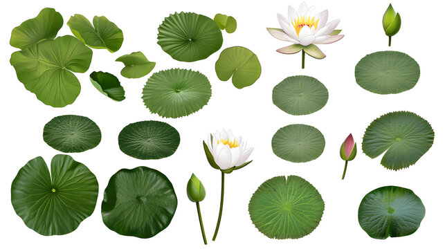 Collection of lily pads and lotus flowers isolated on white background