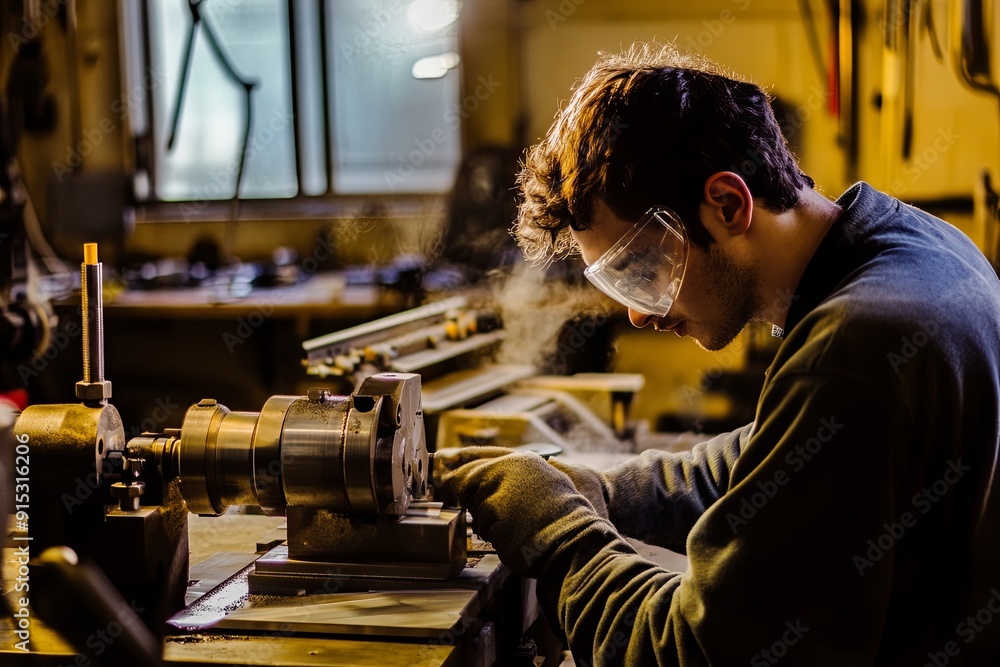 Poster young machinist working diligently on a lathe in a workshop during the evening