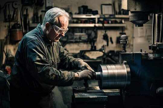 Skilled craftsman working on metal lathe in a workshop during evening hours