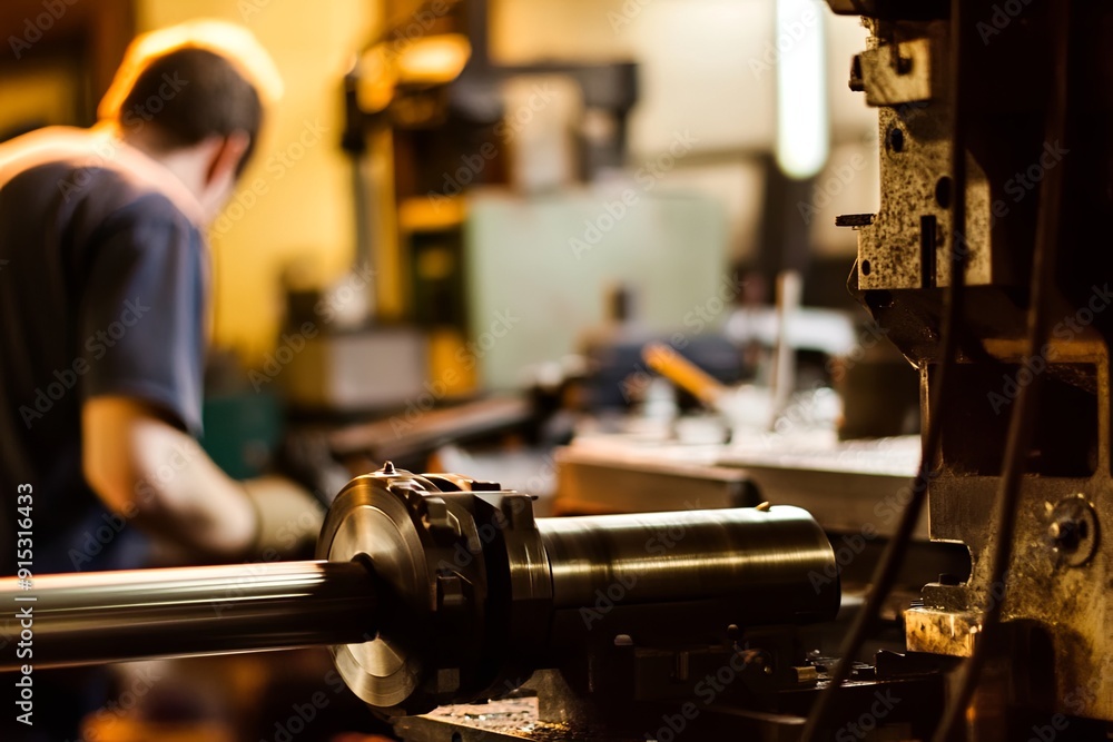 Poster machinist working with a lathe in a dimly lit workshop during the evening