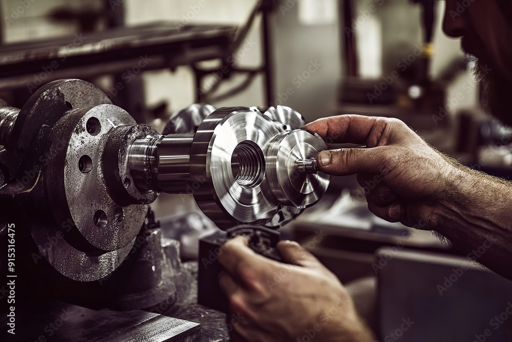 Poster craftsman working with precision machinery on metal components in a workshop environment during dayt