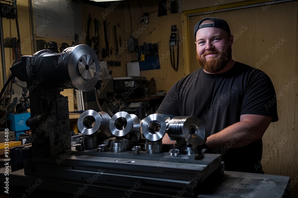 Poster man working in a workshop with precision tools and metal parts during daylight