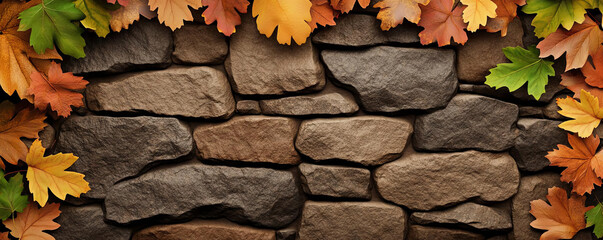 Crisp autumn wind swirling leaves around an old stone wall, with bright fall colors contrasting the rugged texture, autumn wind crisp