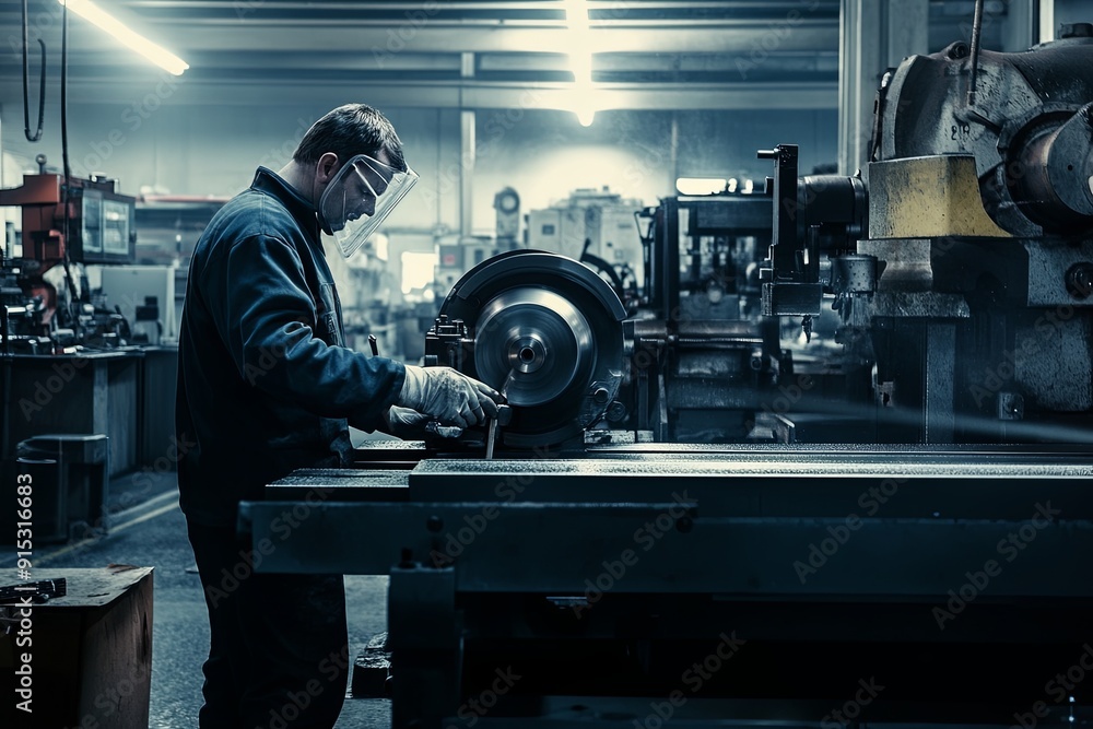 Poster worker operating machinery in a dimly lit workshop during the evening hours