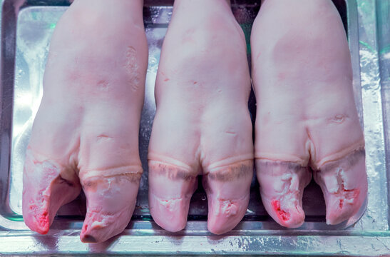 Feet and hooves of a calf on the counter of a traditional butcher's shop that sells offal. Products from the offal shop, where entrails, offal or viscera of animals are sold
