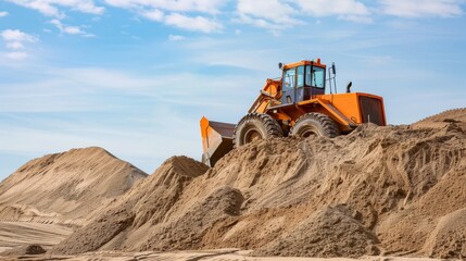 Obraz premium A large orange bulldozer works atop mounds of sand under a clear blue sky, depicting heavy machinery in action.