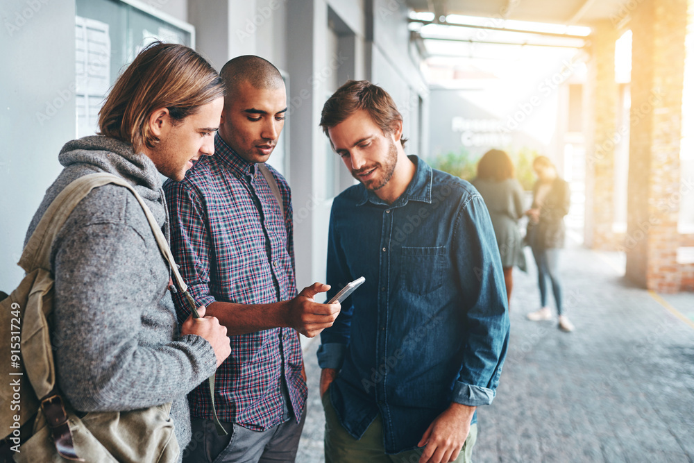 Poster internet, students and friends with conversation or smartphone for networking, social media and acad