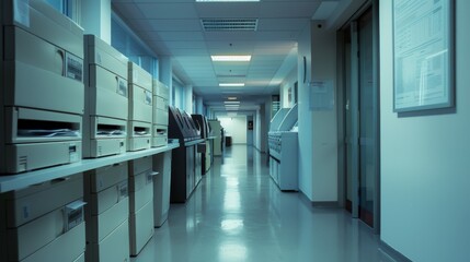 A long, empty hallway in a hospital is illuminated by fluorescent lights, creating a sterile and clinical atmosphere.